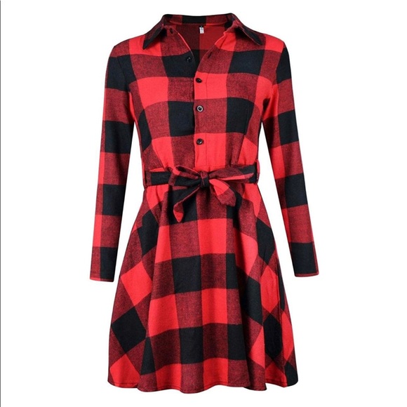Buffalo Plaid Button Down Dress with Tie Belt - Picture 1 of 5